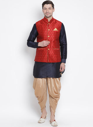 Vastramay Maroon, Navy Blue and Rose Gold Silk Blend Baap Beta Jacket Dhoti Kurta set