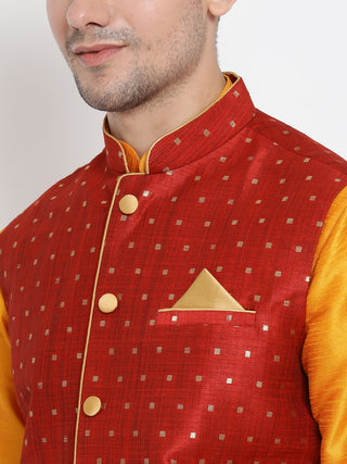 Men's Orange Cotton Silk Blend Ethnic Jacket, Kurta and Dhoti Pant Set