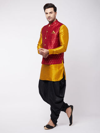 VM By VASTRAMAY Men's Maroon Zari Weaved Jacket With Kurta Dhoti Set