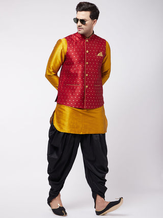 VM By VASTRAMAY Men's Maroon Zari Weaved Jacket With Kurta Dhoti Set