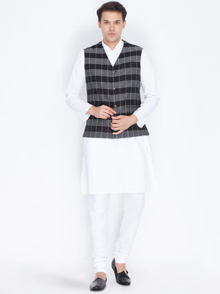 Men's Black Cotton Kurta, Ethnic Jacket and Pyjama Set