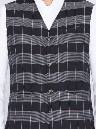 Men's Black Cotton Kurta, Ethnic Jacket and Pyjama Set