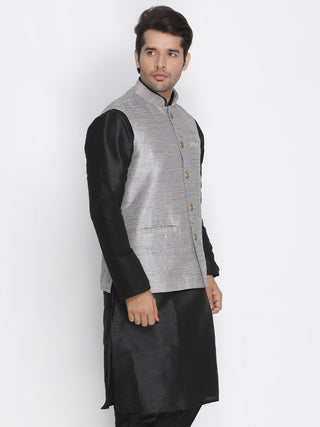 VASTRAMAY Men's Grey Cotton Silk Blend Ethnic Jacket