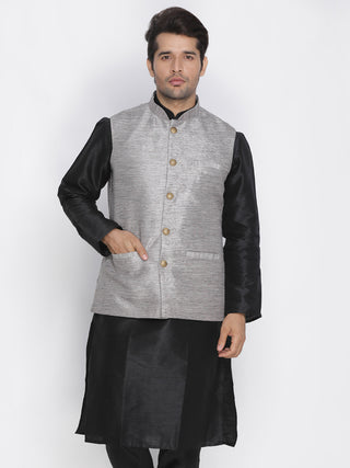 Men's Grey Cotton Silk Blend Ethnic Jacket