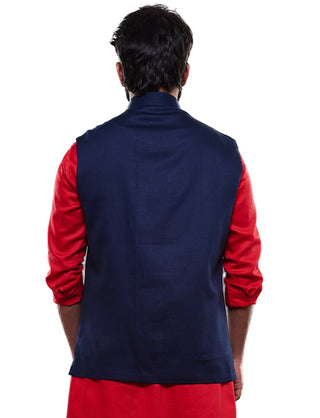 Men's Blue Cotton Blend Ethnic Jacket