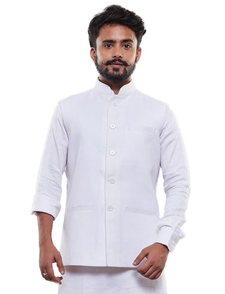 Men's White Cotton Blend Ethnic Jacket