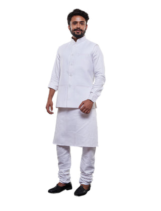 Men's White Cotton Blend Nehru Jacket
