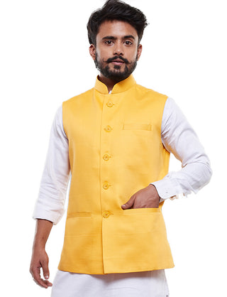 Men's Yellow Cotton Blend Nehru Jacket