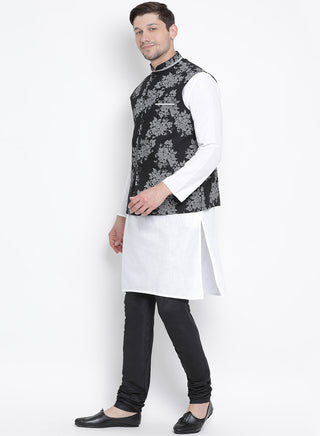 Men's White Cotton Blend Kurta, Ethnic Jacket and Pyjama Set