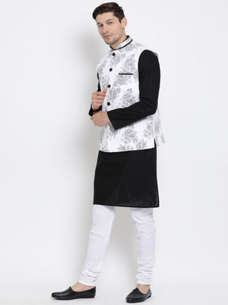 Men's Black Cotton Blend Kurta, Ethnic Jacket and Pyjama Set