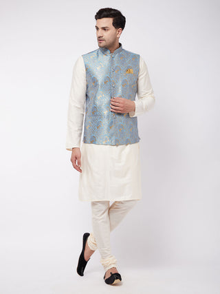 VASTRAMAY Men's Viscose Cream Kurta And Pyjama With Grey Woven Nehru Jacket