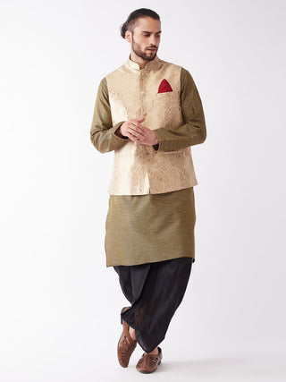 VM BY VASTRAMAY Men's Rose Gold Jacquard Jacket With Kurta Dhoti Set