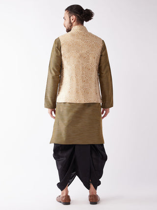 VM BY VASTRAMAY Men's Rose Gold Jacquard Jacket With Kurta Dhoti Set