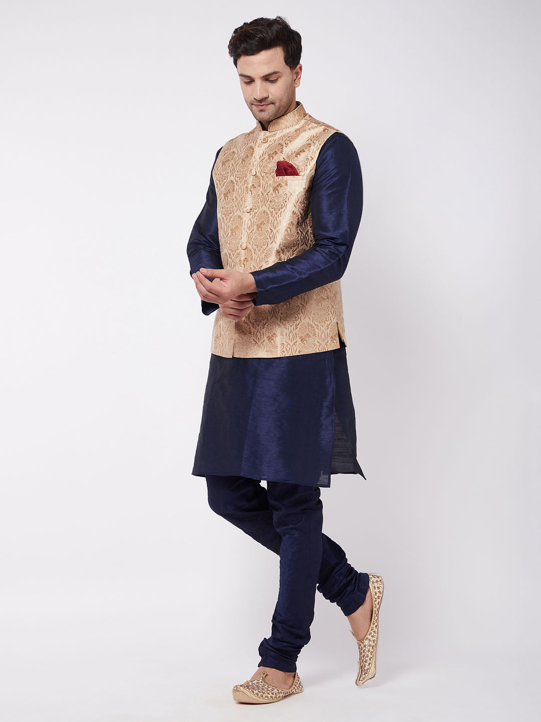 Men's Rose Gold Jacquard Jacket With Kurta Pyjama Set
