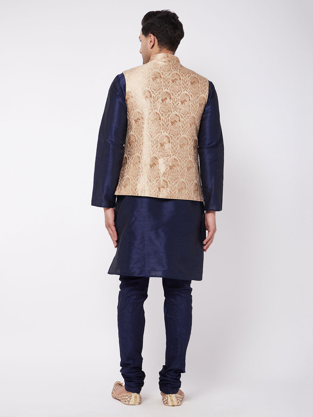 Men's Rose Gold Jacquard Jacket With Kurta Pyjama Set
