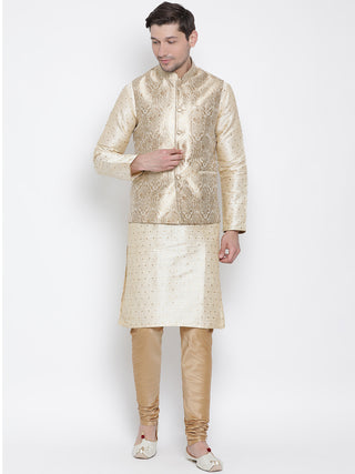 Vastramay Silk Blend Rose Gold and Gold Baap Beta Jacket Kurta Pyjama set