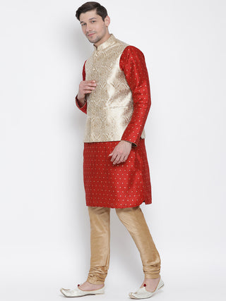 Vastramay Silk Blend Rose Gold and Maroon Baap Beta Jacket Kurta Pyjama set