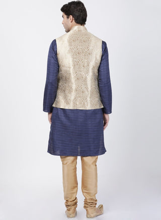 Men's Dark Blue Cotton Silk Blend Kurta, Ethnic Jacket and Pyjama Set