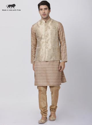 Men's Gold Cotton Silk Blend Kurta, Ethnic Jacket and Pyjama Set