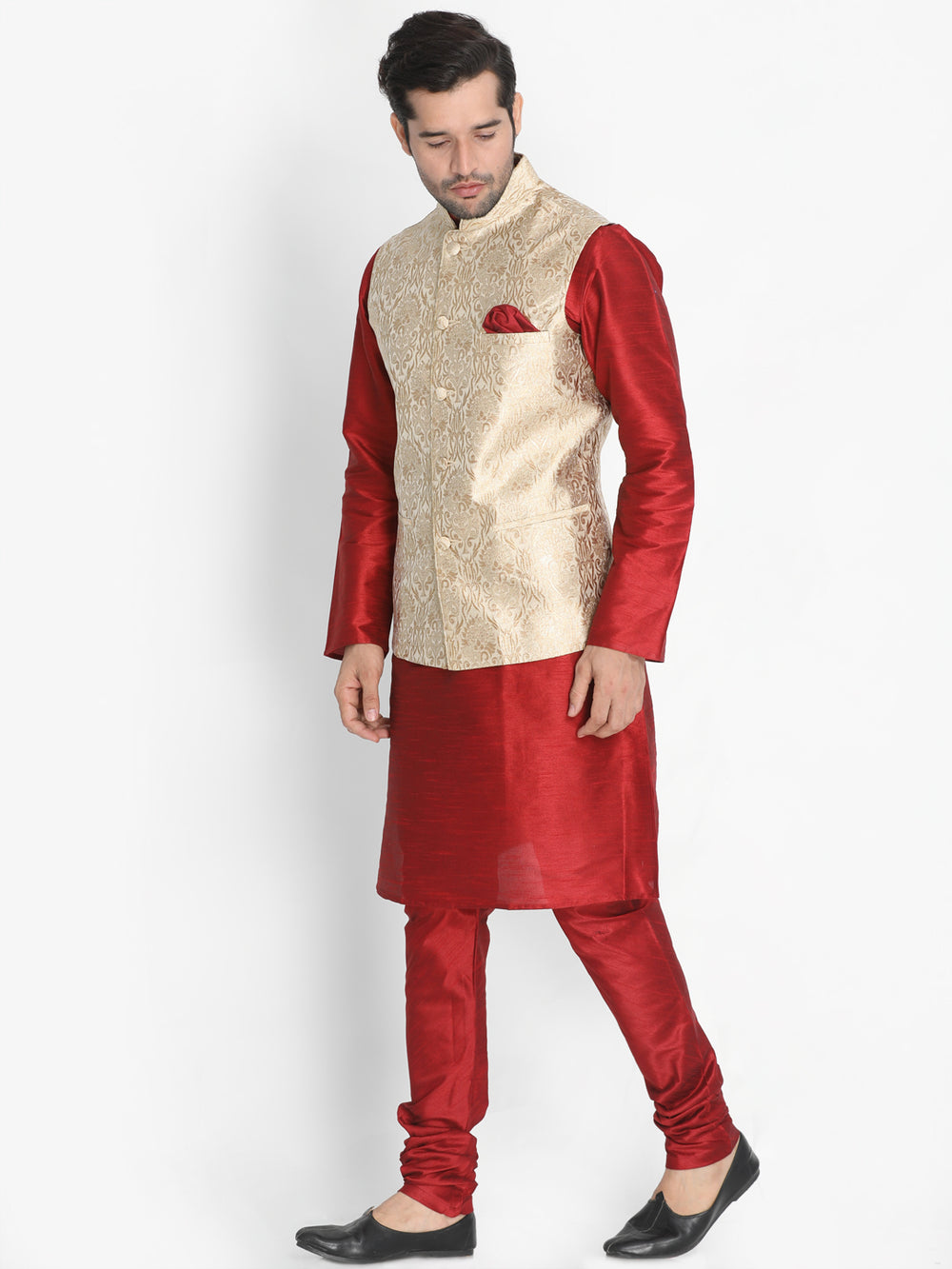 Men's Maroon Cotton Silk Blend Kurta, Ethnic Jacket and Pyjama Set