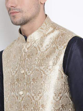 Men's Dark Blue Cotton Silk Blend Ethnic Jacket, Kurta and Dhoti Pant Set