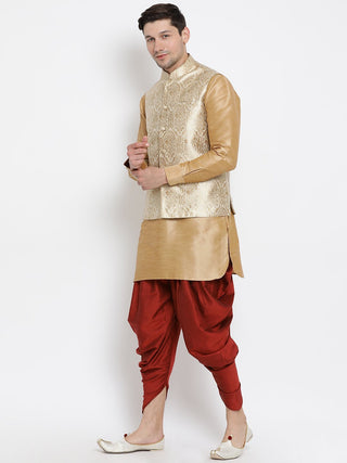 Men's Gold Cotton Silk Blend Ethnic Jacket, Kurta and Dhoti Pant Set
