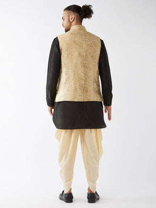 VASTRAMAY Men's Rose Gold Banarasi Jacket With Black Silk Kurta and Gold Dhoti Set