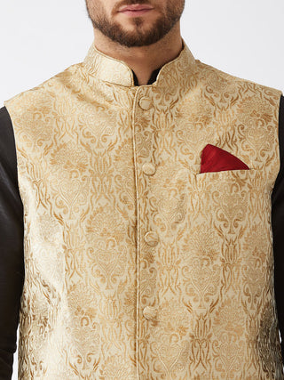VASTRAMAY Men's Rose Gold Banarasi Jacket With Black Silk Kurta and Gold Dhoti Set