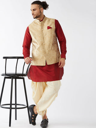 VM By VASTRAMAY Men's Rose Gold Jacquard Jacket With Kurta Dhoti Set