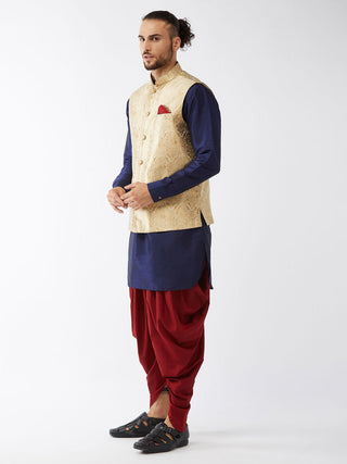 VM By VASTRAMAY Men's Rose Gold Jacquard Jacket With Kurta Dhoti Set