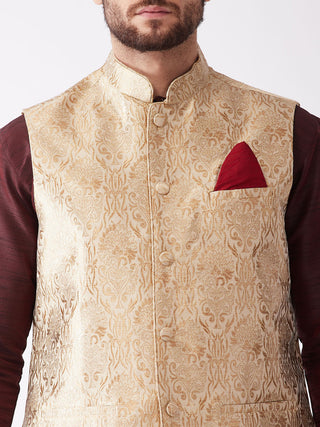 VM By VASTRAMAY Men's Gold Jacquard Jacket With Kurta Dhoti Set