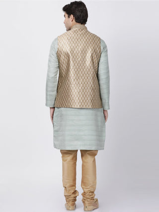 Men's Light Green Cotton Silk Blend Kurta, Ethnic Jacket and Pyjama Set