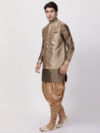Men's Gold Cotton Silk Blend Ethnic Jacket, Kurta and Dhoti Pant Set