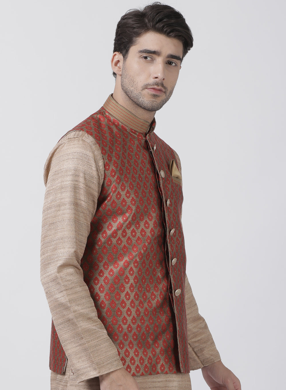 Men's Maroon Cotton Silk Blend Ethnic Jacket