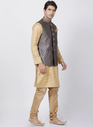 Men's Beige Cotton Silk Blend Kurta, Ethnic Jacket and Pyjama Set