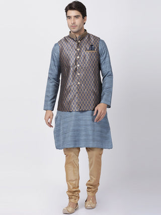 Men's Grey Cotton Silk Blend Kurta, Ethnic Jacket and Pyjama Set