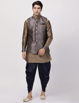 Vastramay Silk Blend Navy Blue and Gold Baap Beta Jacket Dhoti Kurta set