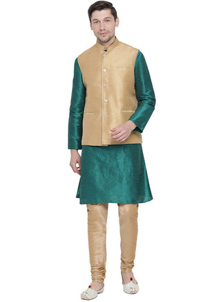 Men's Green Cotton Silk Blend Kurta, Ethnic Jacket and Pyjama Set