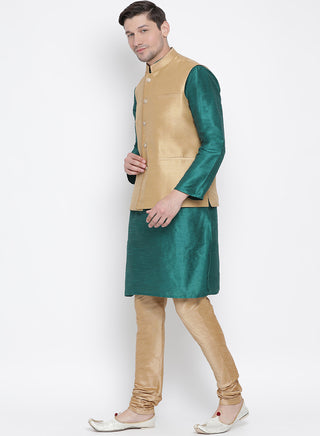 Men's Green Cotton Silk Blend Kurta, Ethnic Jacket and Pyjama Set