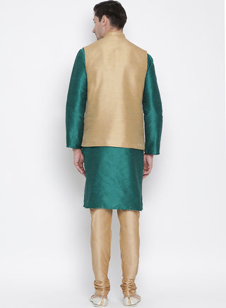 Men's Green Cotton Silk Blend Kurta, Ethnic Jacket and Pyjama Set