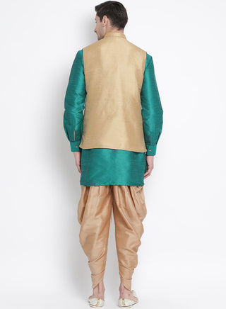 Men's Green Cotton Silk Blend Ethnic Jacket, Kurta and Dhoti Pant Set