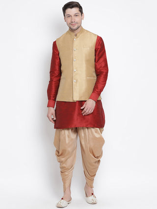 Men's Maroon Cotton Silk Blend Ethnic Jacket, Kurta and Dhoti Pant Set