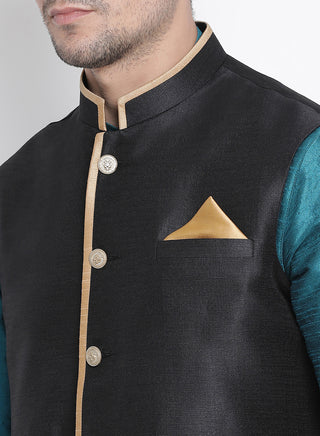 Men's Dark Green Cotton Silk Blend Ethnic Jacket, Kurta and Dhoti Pant Set