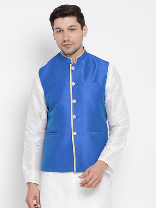 Men's Blue Cotton Silk Blend Ethnic Jacket