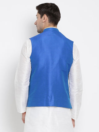 Men's Blue Cotton Silk Blend Ethnic Jacket