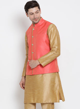 Men's Pink Cotton Silk Blend Ethnic Jacket