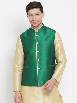 Men's Green Cotton Silk Blend Ethnic Jacket