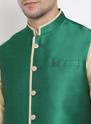 Men's Gold Cotton Silk Blend Kurta, Ethnic Jacket and Pyjama Set