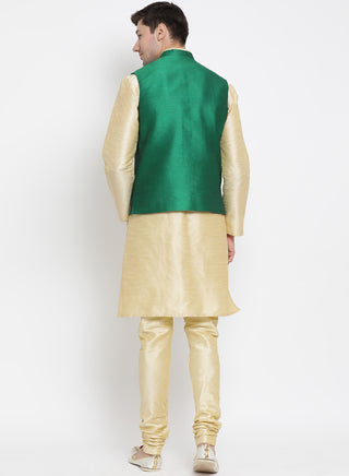 Men's Gold Cotton Silk Blend Kurta, Ethnic Jacket and Pyjama Set