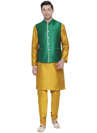 Men's Yellow Cotton Silk Blend Kurta, Ethnic Jacket and Pyjama Set